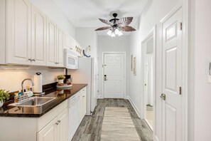 Fridge, microwave, dishwasher, coffee/tea maker