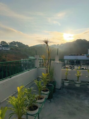 Une terrasse sur le toit agrémentée de plantes en pot, dotée d’une rambarde verte et offrant une vue sur le coucher de soleil au-dessus d’un paysage vallonné.