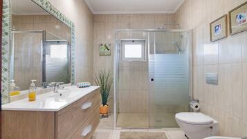 Shower, hair dryer, towels