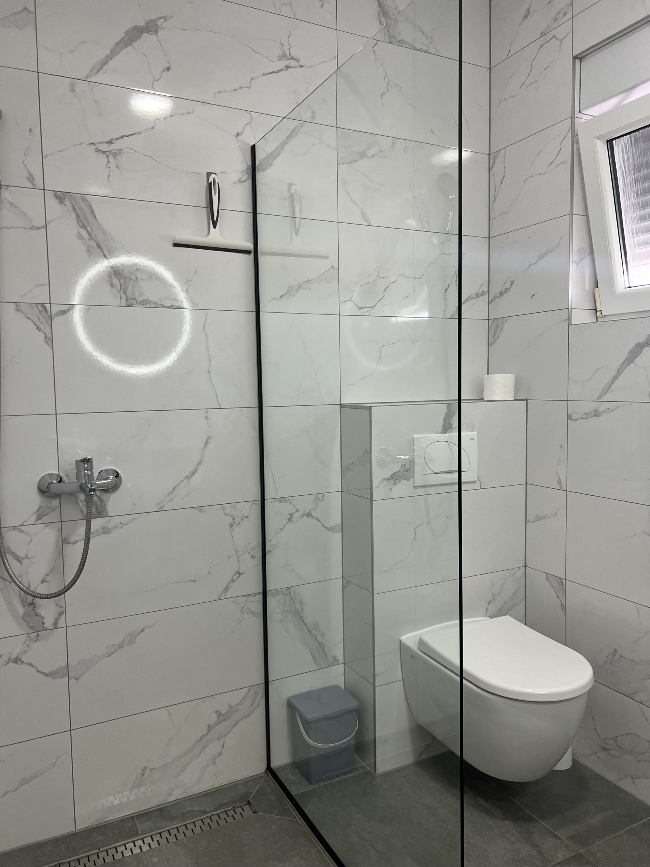 A modern bathroom with a glass shower enclosure, a toilet, and a small trash bin.