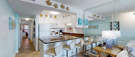 Fridge, microwave, oven, stovetop