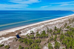 An aerial view of a beach with a clear blue ocean, sandy shore, and scattered trees. - Brand-new beach house with pool, beach access, AC, & W/D, Snowbirds welcome! (Port St. Joe)