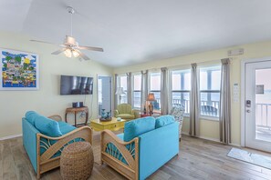 TV, offices - Dog-friendly beachfront bungalow with gorgeous views, outdoor shower, and deck (St. George Island)