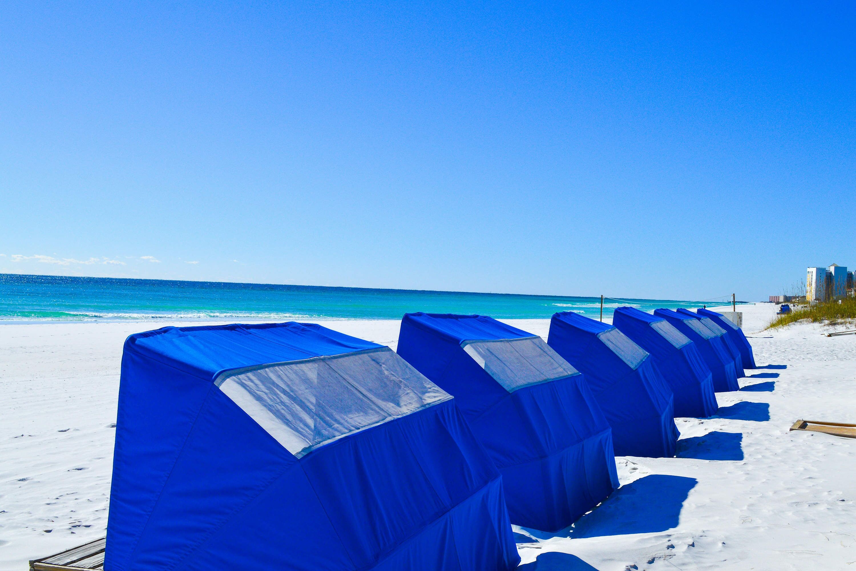 Une rangée de parasols de plage bleus sur une plage de sable, avec l’océan en arrière-plan.