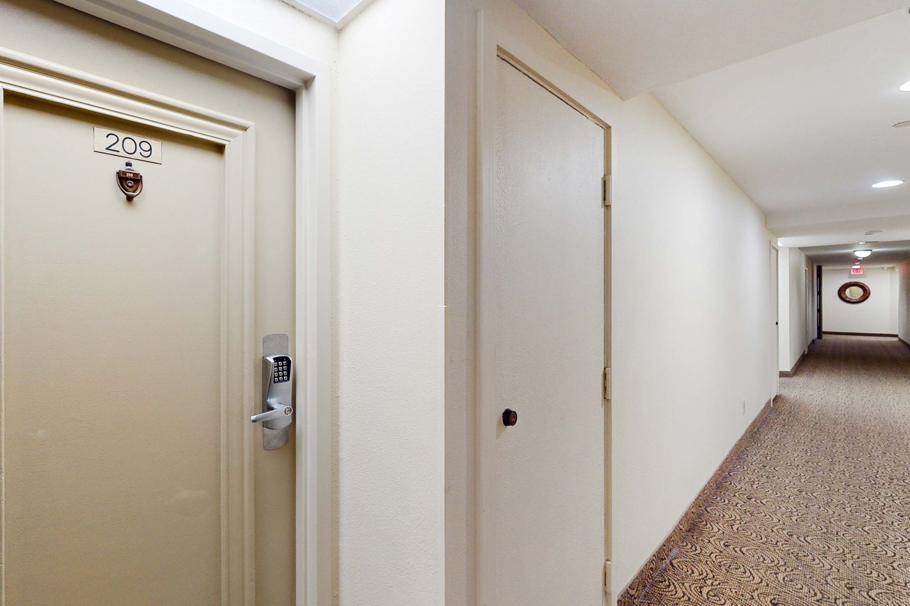 A hotel hallway with a door labeled '209', a keypad lock, and a patterned carpet.