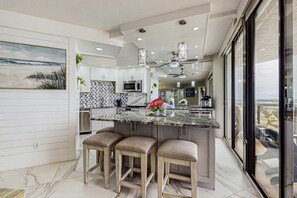 Fridge, microwave, oven, stovetop - Waterfront condo with scenic views, huge balcony, pool, hot tub, & gym access (Miramar Beach)