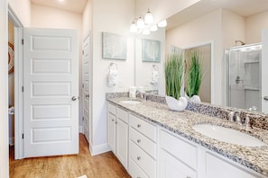 Shower, hair dryer, towels - Elegant Coastal Home w/Shared Pool, Tree-Lined View, 6-Minute Walk to the Beach (Port St. Joe)