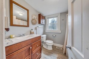 Hair dryer, towels, soap, toilet paper