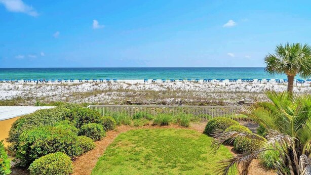A beach view with a grassy area and a palm tree. - Azure 202-Newly Refreshed 2026 (Fort Walton Beach)