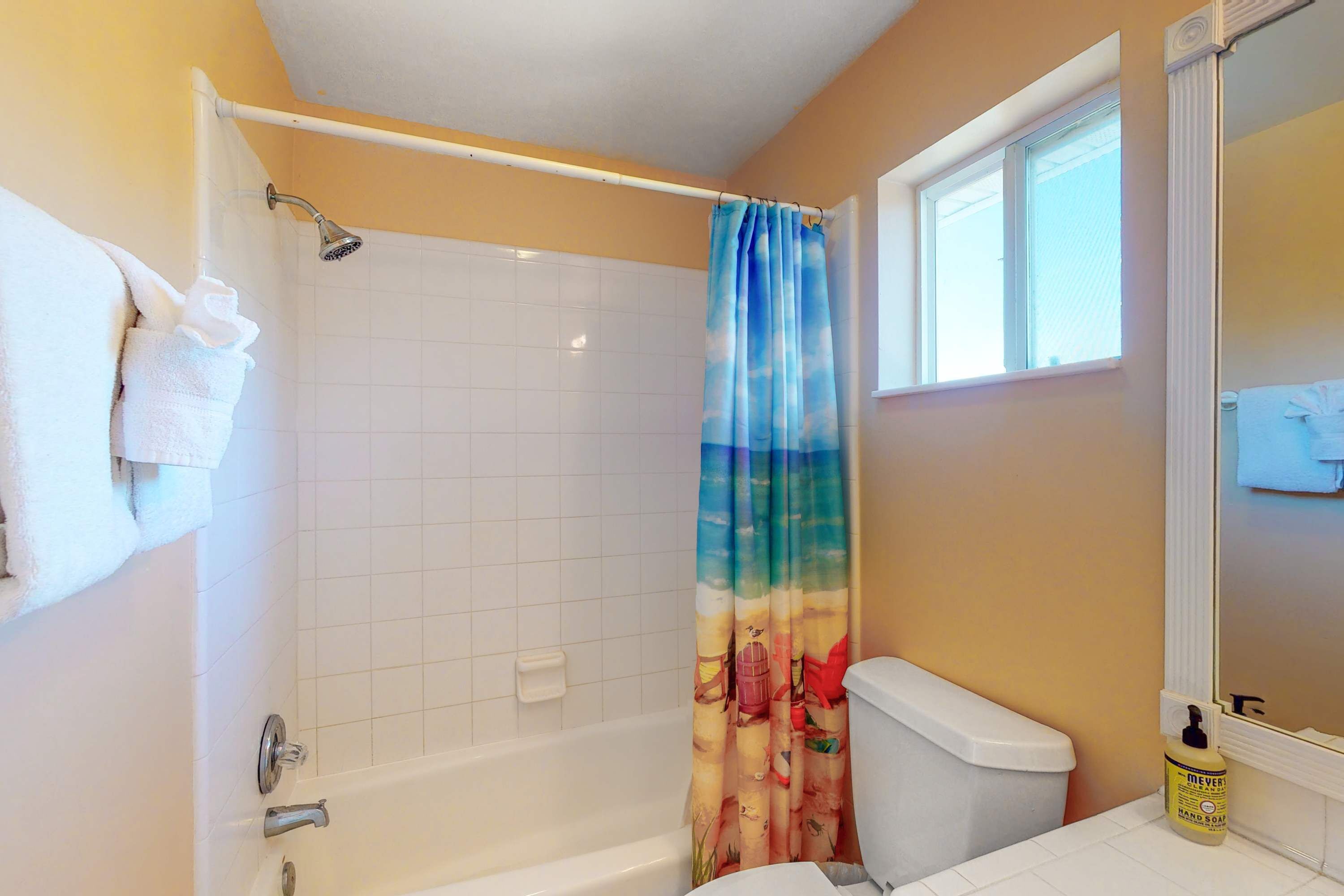 A bathroom with a shower, toilet, and a window.