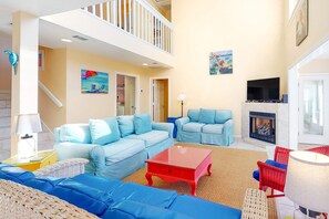 TV, fireplace, DVD player, table football - Beach Across the Street! Dog-Friendly Home w/ Private Pool, AC, WiFi & Games! (St. George Island)