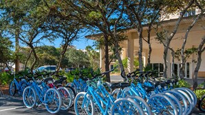 A row of blue bicycles parked in a lot with trees and a building in the background. - Spacious getaway with Gulf view, beach access, tennis & pickleball (Seacrest)