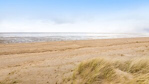 Une plage avec du sable et de l’herbe au premier plan, et l’océan en arrière-plan.