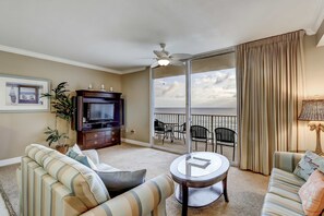 TV, offices - Inviting waterfront condo w/ shared pools, a hot tub, gym, & beach access (Panama City Beach)