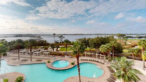 Ein Poolbereich eines Resorts mit mehreren Schwimmbecken, Liegestühlen und Palmen.