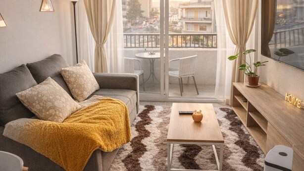 A modern living room with a grey sofa, a yellow throw blanket, a coffee table, and a TV on a wooden stand. - Central and modern apartment in Temuco.Cowork/gym/lavandería entrance by Safecard. (Cautin)