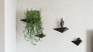 Ein modernes Interieur mit einem Holzstuhl, einer schwarzen Regalfläche mit Dekorationen und einer hängenden Pflanze.