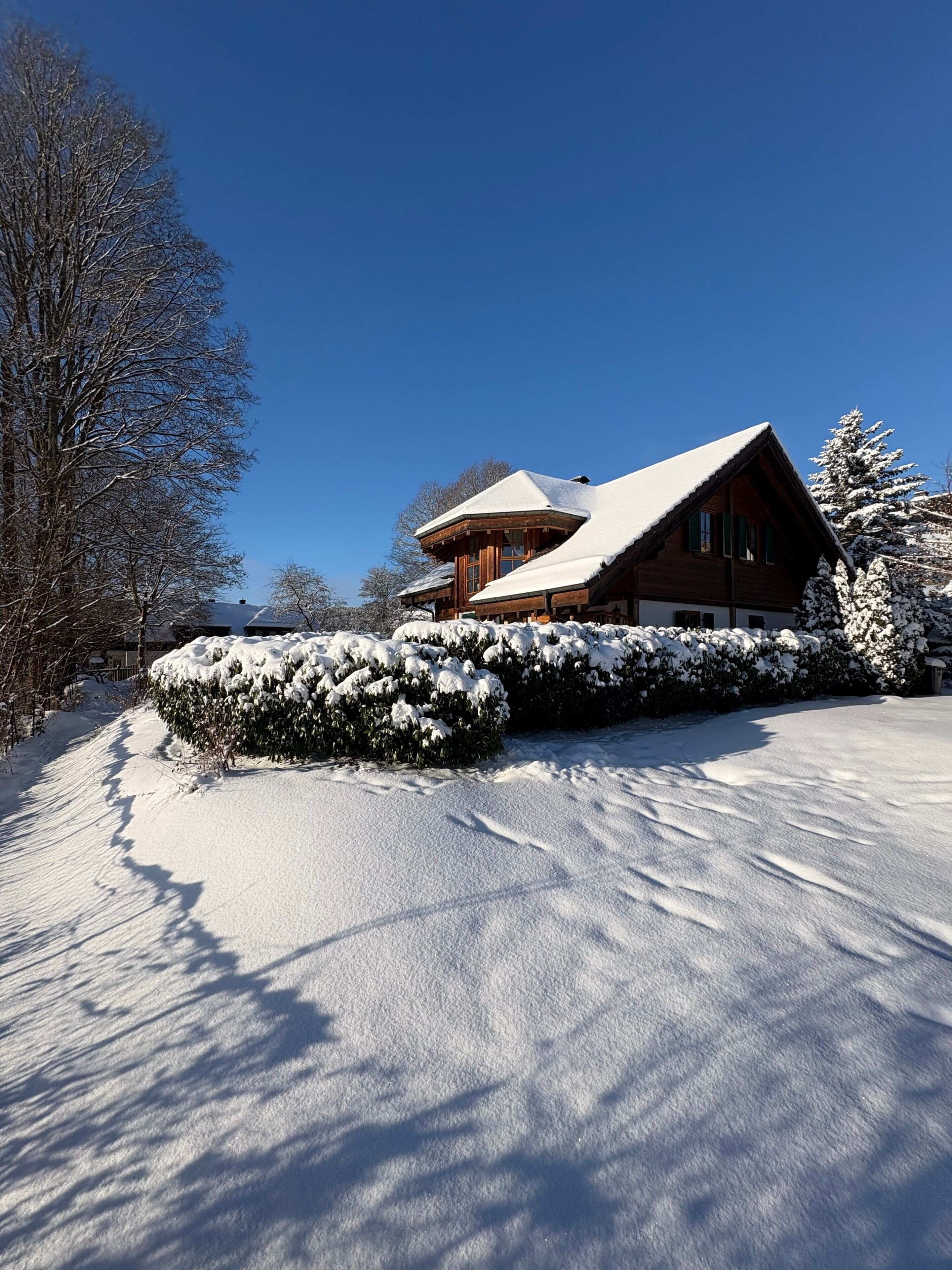 Eine Holzhütte mit schneebedecktem Dach, umgeben von verschneiten Sträuchern und Bäumen.