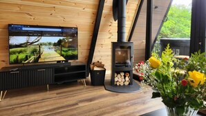 Una sala de estar moderna con una pared de madera, un mueble de entretenimiento negro, un televisor que muestra una escena al aire libre, un hogar a leña negro y un jarrón con flores.