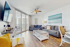 TV, offices - Sunlit Condo with Shared Pools, Partial Ocean Views, Fast WiFi, & Private W/D (Destin)