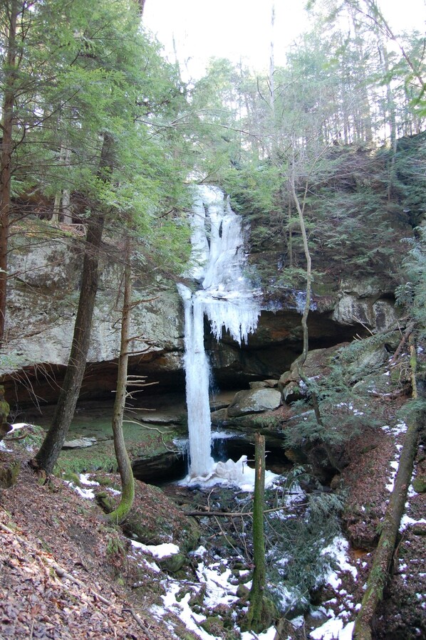 A waterfall in a forested area with snow on the ground and trees around.