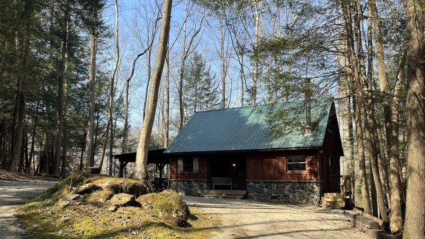 A cabin with a stone foundation and a metal roof, surrounded by tall trees. - Creeksong-Harvest Moon (Logan)