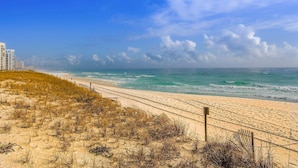 A beach with a sandy path leading to the ocean, a wooden fence, and a clear blue sky. - Lovely Beach Front condo with balcony, shared pool & hot tub, & free WiFi (Destin)