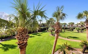 A well-maintained lawn with palm trees and a clear sky. - Marvelous Gulf-front condo with amazing views, pool, snack bar, & fitness room (Destin)
