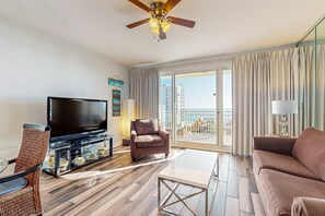 TV, offices - Spacious, waterfront condo with gulf views, shared pools, & fitness room (Destin)
