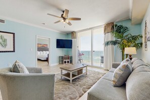 TV, offices - Deluxe, beachfront escape with furnished balcony, pools, hot tub & gym (Panama City Beach)