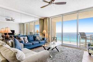 TV, DVD player, offices - Beachfront condo with balcony view & pool - snowbird-friendly (Panama City Beach)