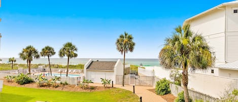 A beachfront property with a swimming pool, palm trees, and a view of the ocean.