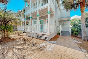 Exterior - 3-story home with heated outdoor pool, BBQ area, balconies, partial ocean views (Santa Rosa Beach)