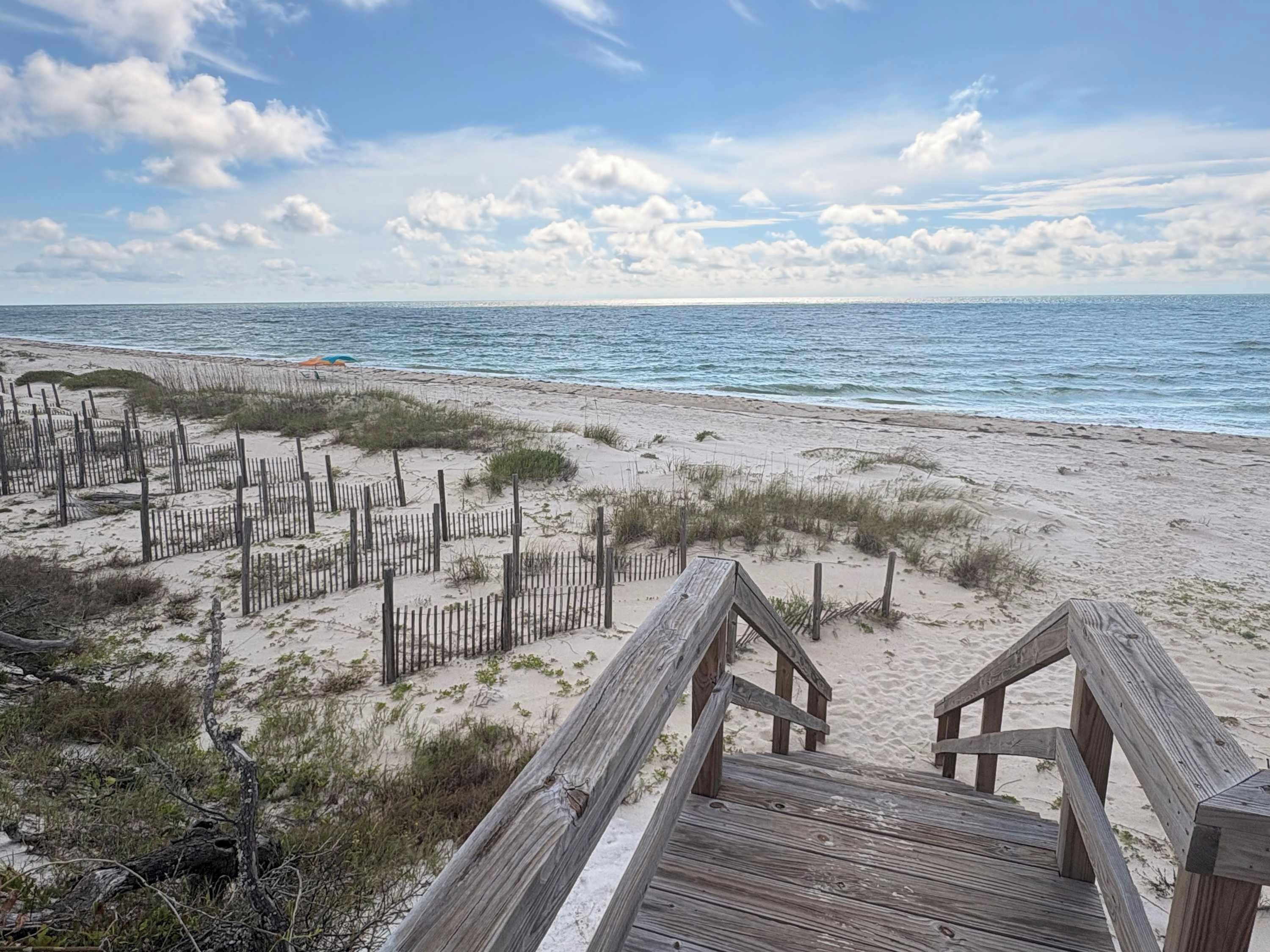 A wooden boardwalk leading to a sandy beach with a wooden fence and vegetation.