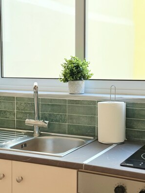 Traditioneel appartement, 1 queensize bed met slaapbank, terras, uitzicht op de binnenplaats | Privékeuken | Een koelkast met diepvriezer, een microgolfoven, een oven, een kookplaat