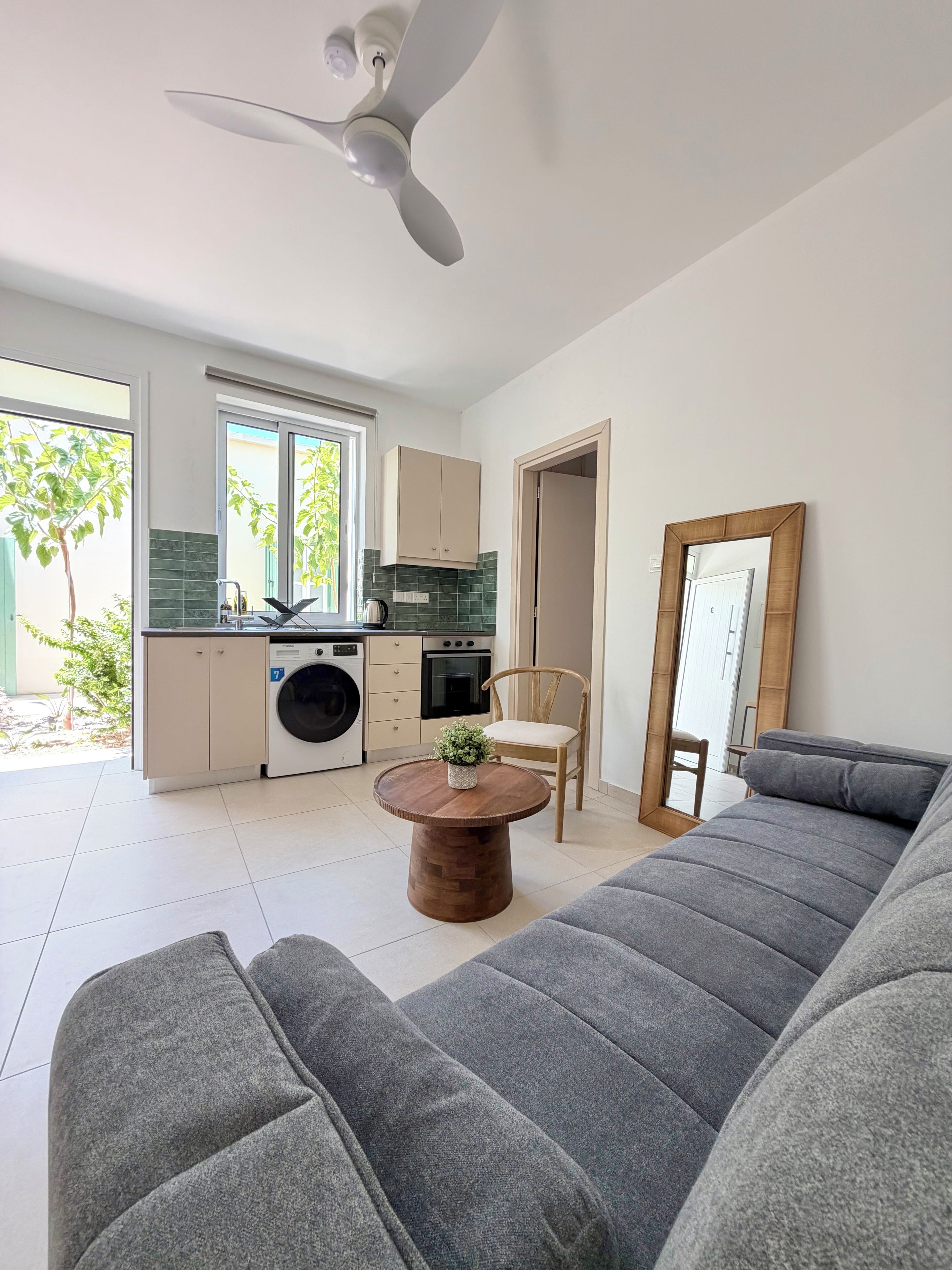 A modern living room with a grey sofa, a wooden coffee table with a plant, and a ceiling fan.