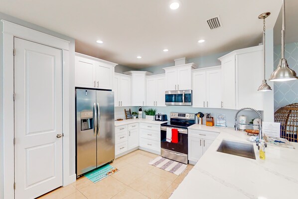 Fridge, microwave, oven, stovetop - Newer, dog-friendly home with hot tub & game room - walk to the beach (Panama City Beach)