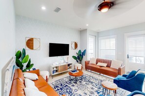 TV, offices - Newer, dog-friendly home with hot tub & game room - walk to the beach (Panama City Beach)