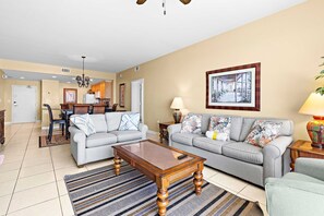 TV, offices - Beachfront resort condo with Gulf views, WiFi, pools, hot tub & lazy river (Panama City Beach)