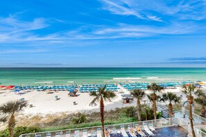 Ein Strand mit Reihen blauer Sonnenschirme, Palmen und Blick auf den Ozean.
