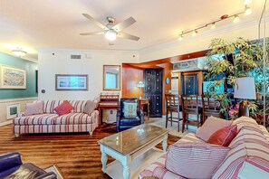 TV, offices - Gulf-front condo with sweeping views, pools, hot tubs, & easy beach (Panama City Beach)