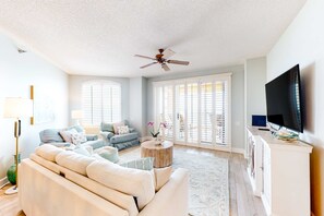 TV, offices - Newly renovated, Gulf-Front Condo with Beach Access, Shared Pools, Hot Tub, Free WiFi (Perdido Key)