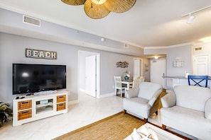 TV, offices - Serene beachfront condo w/ gulf views & resort pools, hot tubs, beach service (Panama City Beach)