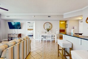 TV, offices - Gulf-front, 25th-floor condo with balcony, pools & hot tubs - walk to Pier Park (Panama City Beach)
