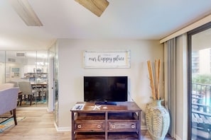 TV, offices - Gulf-front condo with pools, hot tub, tennis & pickleball - steps to the beach (Panama City Beach)