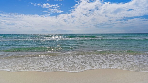 Ein Strand mit blauem Himmel und Wellen.