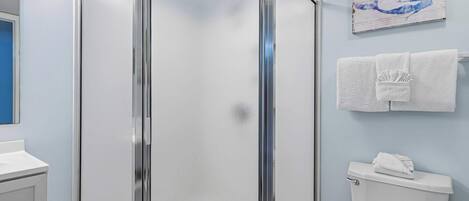 A bathroom with a glass-enclosed shower, a white toilet, and a towel rack with towels.