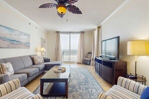 TV, DVD player, offices - Gulf-front snowbird-friendly condo with pools, tennis, hot tub, balcony, gym, AC (Perdido Key)