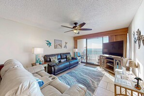 TV, offices - Gulf-front condo with a private balcony, pool and hot tub access, & central AC (Panama City Beach)