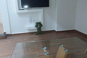 A room with a flat-screen TV mounted on the wall, a small potted plant, and a wooden chair with metal legs.